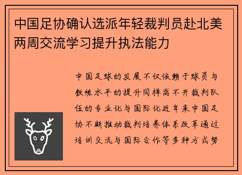 中国足协确认选派年轻裁判员赴北美两周交流学习提升执法能力 中国足协确认选派年轻裁判员赴北美两周交流学习提升执法能力